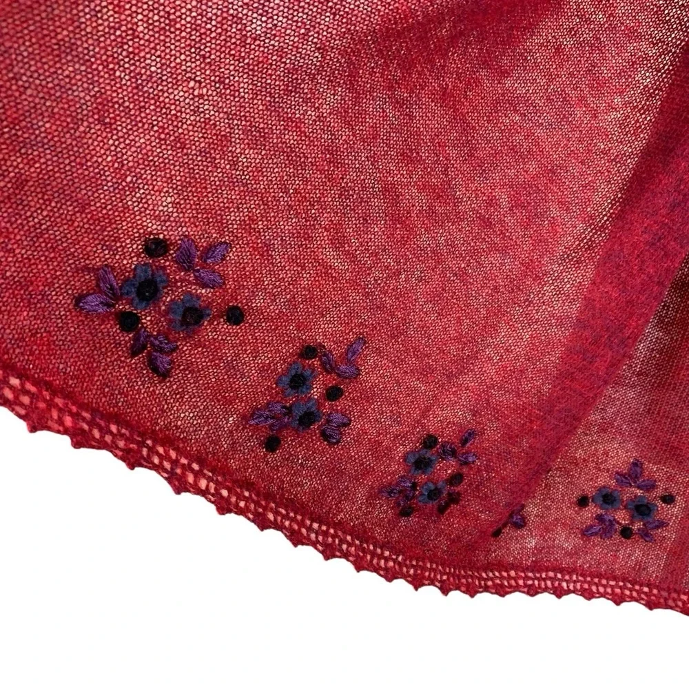 Red Knit‎ Floral Embroidered Lace Trim Shawl Wrap Boho Lightweight Scarf Mohair
